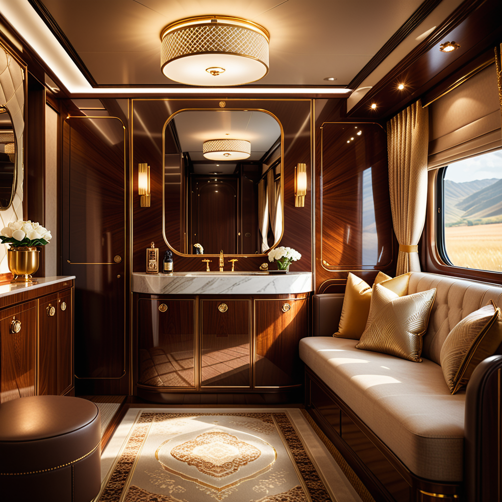 A cozy and luxurious private cabin in a premium train, designed for relaxation and comfort during long journeys. The cabin features rich wooden paneling with a glossy finish, creating a warm and inviting atmosphere. A plush seat upholstered in fine leather or velvet sits by a large window, with soft, golden light streaming in through partially drawn curtains made of heavy, textured fabric.
a vintage lamp with a brass base and a frosted glass shade, casting a soft glow. Above the seating area, a compact storage compartment holds a neatly folded blanket and a small travel bag.
The walls are adorned with subtle art deco patterns and a built-in mirror framed in polished metal. The floor is covered in a luxurious carpet with intricate designs in muted colors. Modern amenities, such as USB charging ports and a control panel for adjusting lighting and temperature, are discreetly integrated. The scene conveys a blend of timeless elegance and modern convenience, perfect for a high-end travel experience.
<lora:SDXLFaeTastic2400:0.4> <lora:extremely_detailed:0.4> extremely detailed, Masterpiece,best quality,hi res,8k,hi res,8k,award winning,(sharp focus, intricate, highly detailed),