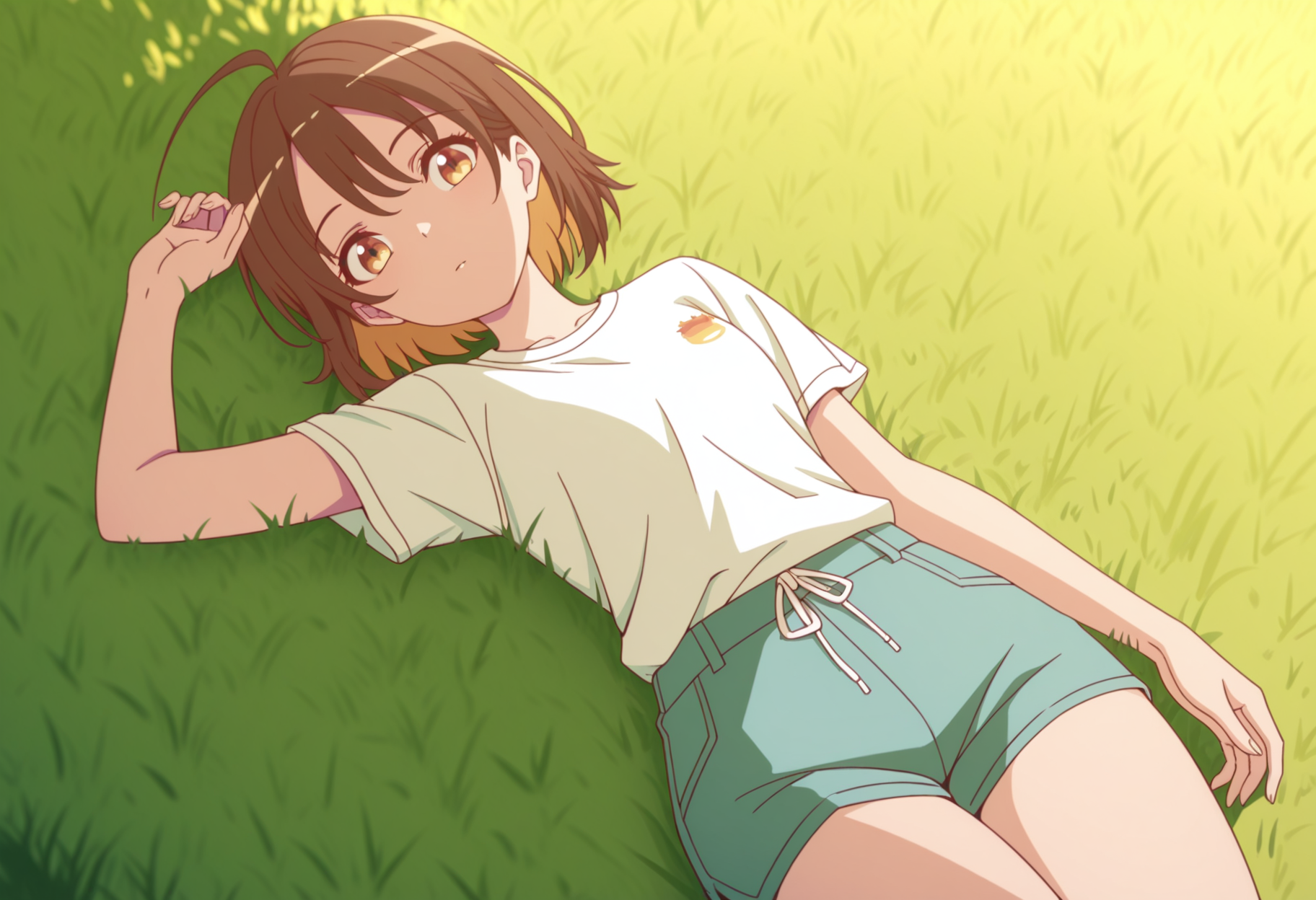 masterpiece, best quality, very aesthetic, anime, detailed background, 1girl, looking at viewer
  <lora:KanataMisora_NaNare:0.85> kanatamisora, brown hair, brown eyes, ahoge, short hair, lying on back, dutch angle, one arm up, from above, 
white shirt, shorts, grass, field,