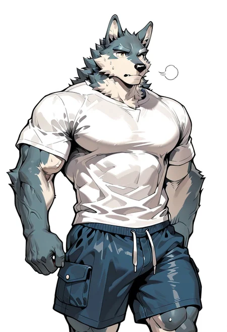 animal ears, muscular furry, furry, Clothes, PG, T-shirt, Shorts, bara, wolf ears