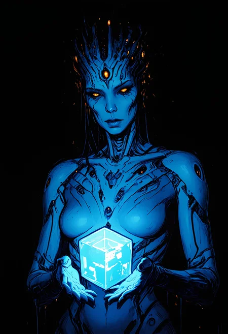 masterpiece, best quality, good quality, very awa, very aesthetic, absurdres, newest, 1girl, solo, breasts, looking_at_viewer, holding, closed_mouth, medium_breasts, upper_body, yellow_eyes, small_breasts, orange_eyes, lips, colored_skin, glowing, black_background, colored_sclera, science_fiction, floating, blue_skin, nose, dark_background, extra_eyes, no_nipples, cube, hologram, ink drawing, opill, gr4ph1t3,