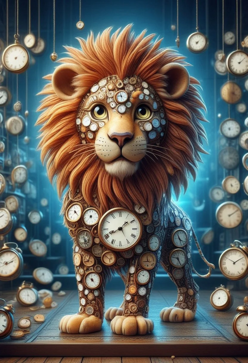 a cute baby clock style lion, chibi eyes, in a clock store, time is ticking, creative, funny theme