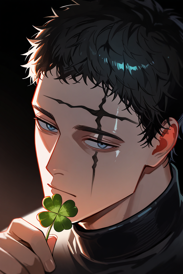 realistic shading, backlighting, facial marked-male focus, looking at holding, expressive expressionless face, zenonbc, black_zenonbc_facial mark, black_zenonbc_short hair, blue_zenonbc_normal eyes, 1boy, holding clover, shiny skin, simple plain black background, shadow, foreshortening, dutch angle, dynamic angle, dynamic action, intricately detailed illustration, cinematic, depth of field, atmospheric perspective, masterpiece, best quality, amazing quality, very aesthetic, absurdres, newest