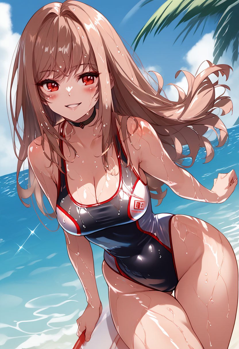 score_9, score_8_up, score_7_up, source_anime BREAK 1girl, solo, <lora:rapi-nikke-richy-v1_pdxl:0.9> rapiswim, red eyes, brown hair, long hair, bangs, one-piece swimsuit, choker, shiny skin, cleavage, breasts, beach, standing, smile, parted lips, looking at viewer, blush, shiny skin, wet, wide hips, thick thighs, thighs,  <lora:HongBS_Whitespider_-Style-PonyXL-Dora-000035:1>