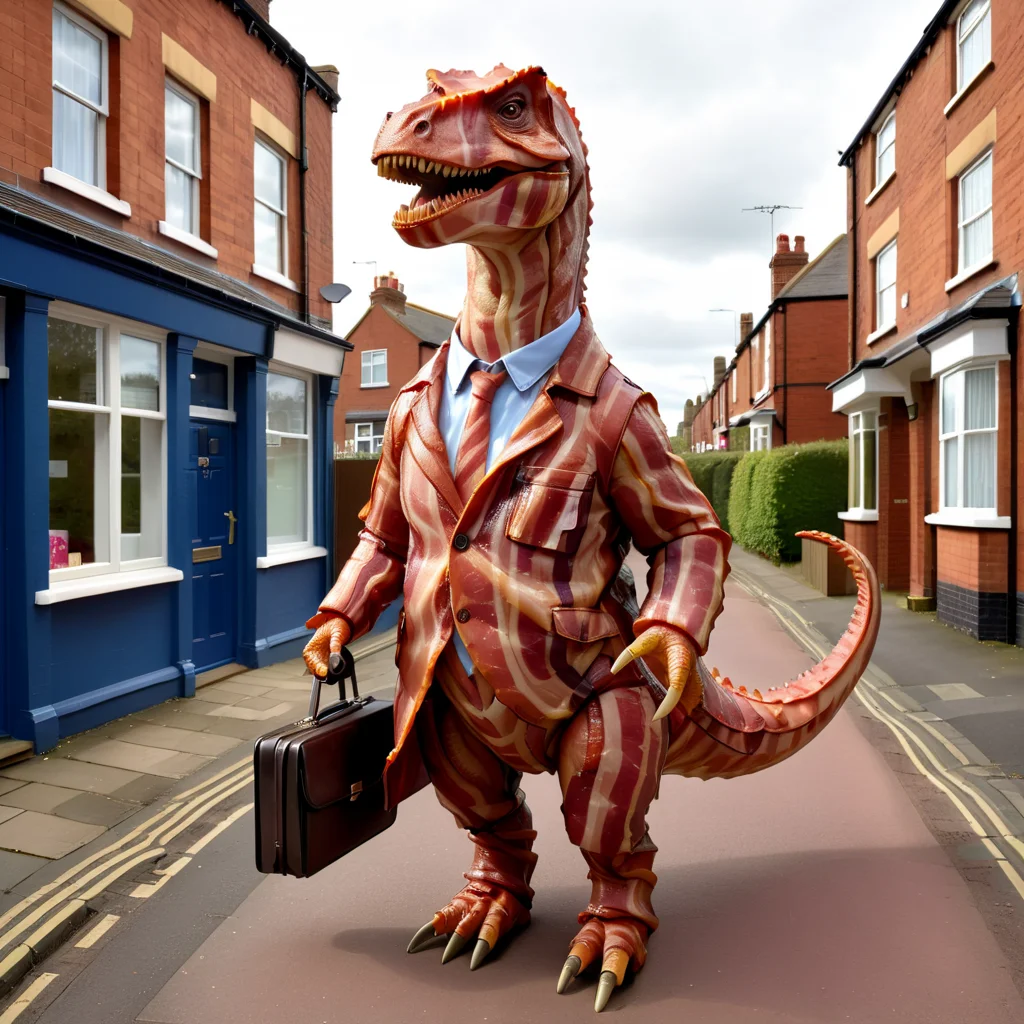 masterpiece, best quality, a dinosaur,wearing coat made out of bacon, holding a briefcase, UK residential street, <lora:b4c0n:0.75>