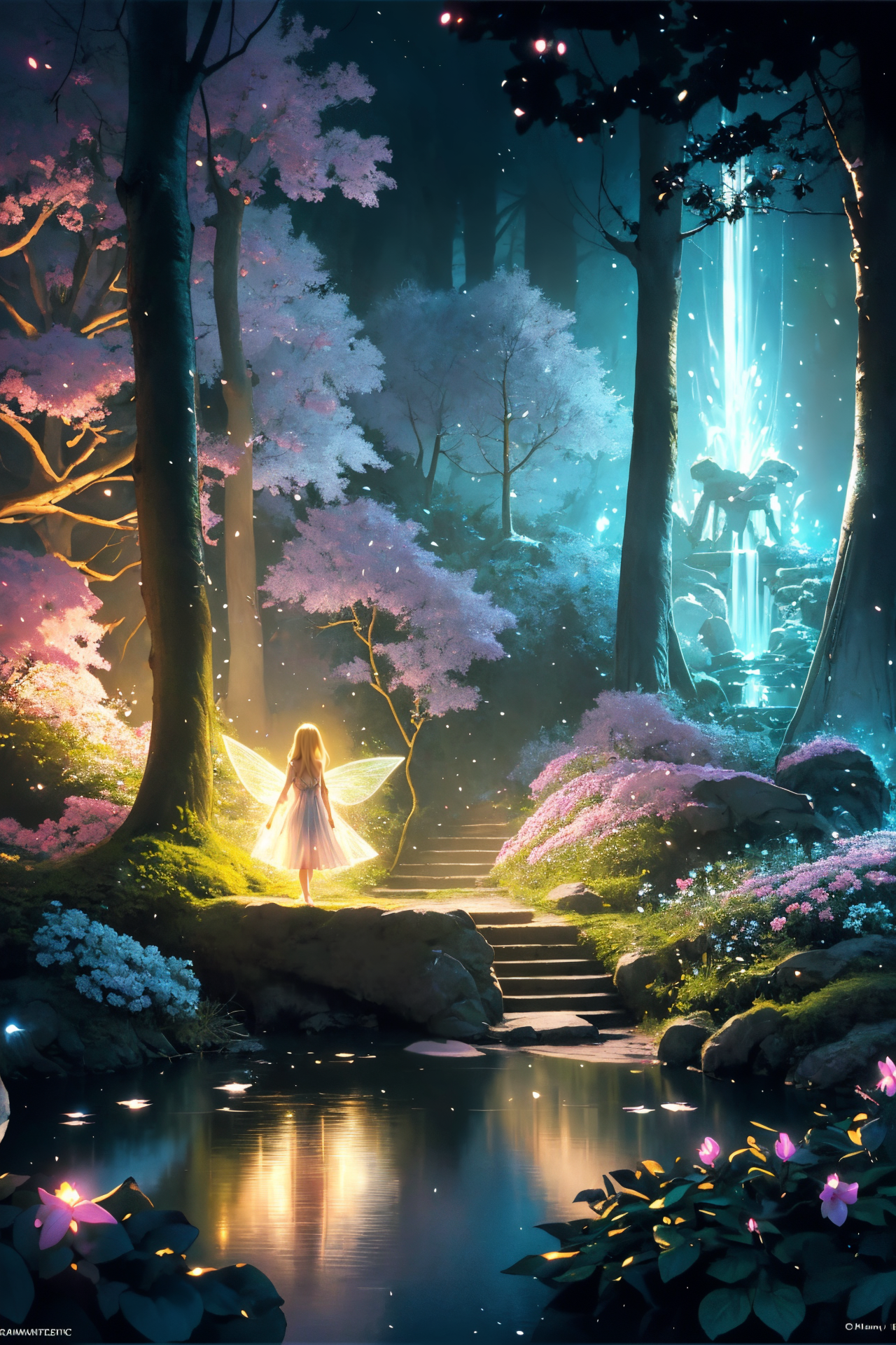 ( detailed realistic background:1),
( official art, beautiful and aesthetic:1 ),
realistic lighting,
cinematic lighting,
hyperrealism,
soothing tones,
muted colors,
high contrast,
soft light,
sharp,
artistic photoshoot,
<lora:FeyAndFairies-11:0.8>FeyFa, , forest, trees, middle, path, waterfall, through, background, stream, flowers, lights, running, in the foreground stands a fairy in front of her fairy house, light,( cute, petite ),
slender,
european,
pale cheeks,
square face shape with angular jaw,
natural "no-makeup" makeup,
big breasts,
,
blonde hair ,
v-cut  ,wearing a see-through gossamer fairy short dress,
night time, darkness,