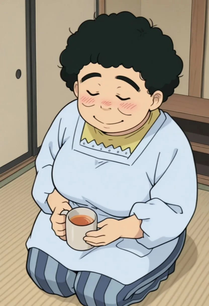 score_9,score_8_up,score_7_up,score_6_up,best quality,masterpiece, 1girl, solo, background is living room, japanese architecture, from above,
BREAK
hisae, mature female, (afro:0.5), short hair, black hair, closed eyes, blush, thick eyebrows, smile, closed mouth,, plump female, large breasts, wide hips, striped pants, blue kappougi, kneeling, mug, holding mug, tea,
