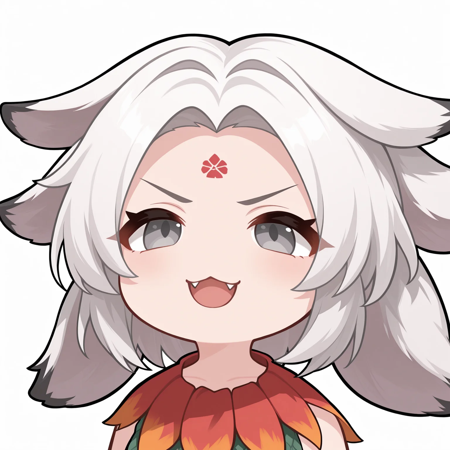masterpiece,best quality,newest,absurdres,highres,1girl,no nose,solo,mutsuki face \(blue archive\),((portrait)),chibi,<lora:mutsukifacebaillusxl:0.8>,
white background,simple background,v-shaped eyebrows,angry,((:3,open mouth, fangs)),half-closed eyes,facing up,
BREAK <lora:Houjuu_Chimi_illuV01_b3g2plw1c1wd05_d32a16_lr1800y960_rvs:1>,
Houjuu_Chimi_TH20,white hair,short hair,floppy ears,extra ears,parted bangs,two-tone hair,ears down,grey eyes,forehead mark,red gradient fur collar,green leaf shirt,sleeveless shirt,
