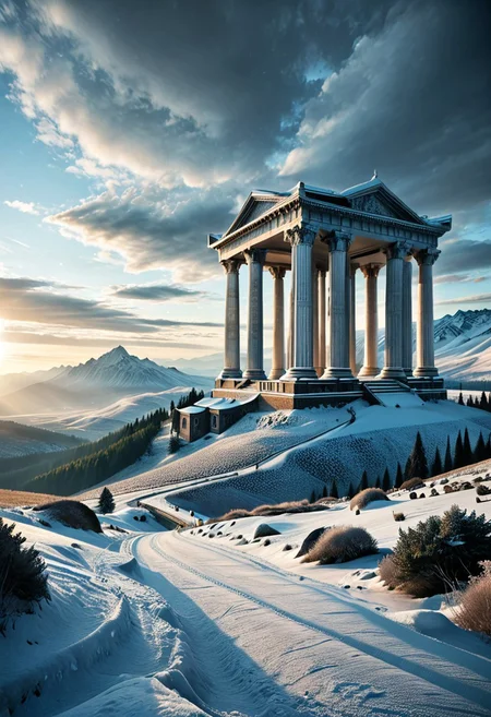 score_9, score_8_up, score_7_up,masterpiece, best quality, newest, absurdres, highres, detailed landscape, extreme detail.
BREAK
A breathtaking, hyperrealistic digital painting, a surreal, dreamlike landscape. The landscape is dotted with bizarre pillars of twisting spiraling ice, casting ethereal shadows across the scene. In the sky glimmering dark clouds drift over the frozen, A thin icy stream twists between the ice pillars, downwards towards the viewer. In the far distance is mountain, creating a hazy, dreamlike atmosphere., dramatic volumetric lighting, creating a sense of vastness, adventure, and intense exploration – 8k resolution, trending on ArtStation. 1c3_w1n73r