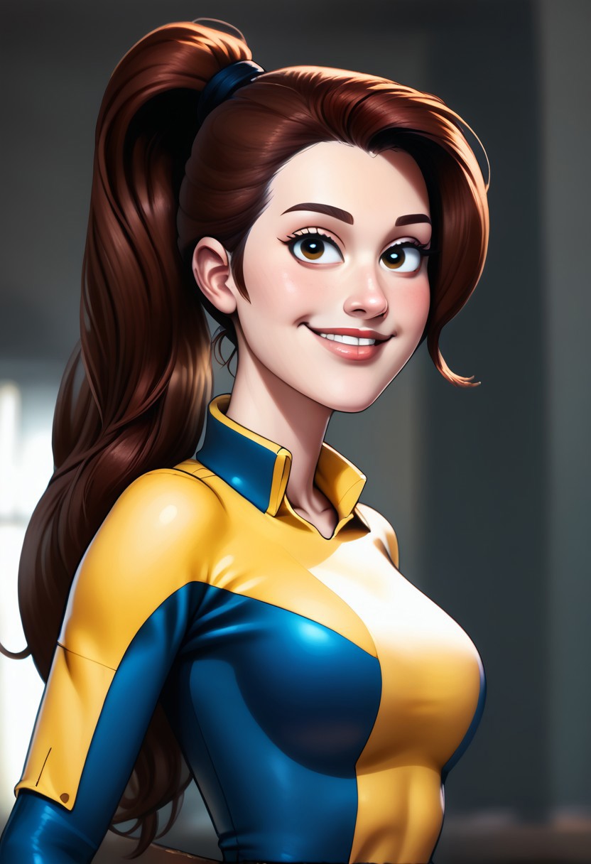 score_9, score_8_up, score_7_up, score_6_up, PRSNL_3_1,  uncensored, pupils black dots, realistic,
warm light, upper body,
Kitty_pryde_(marvel)
1girl, solo, brown_hair, smile, long_hair, breasts, brown_eyes, lips, ponytail,
belt, two tone bodysuit, yellow bodysuit, blue bodysuit, xmblzxl, gloves, bodysuit, boots,