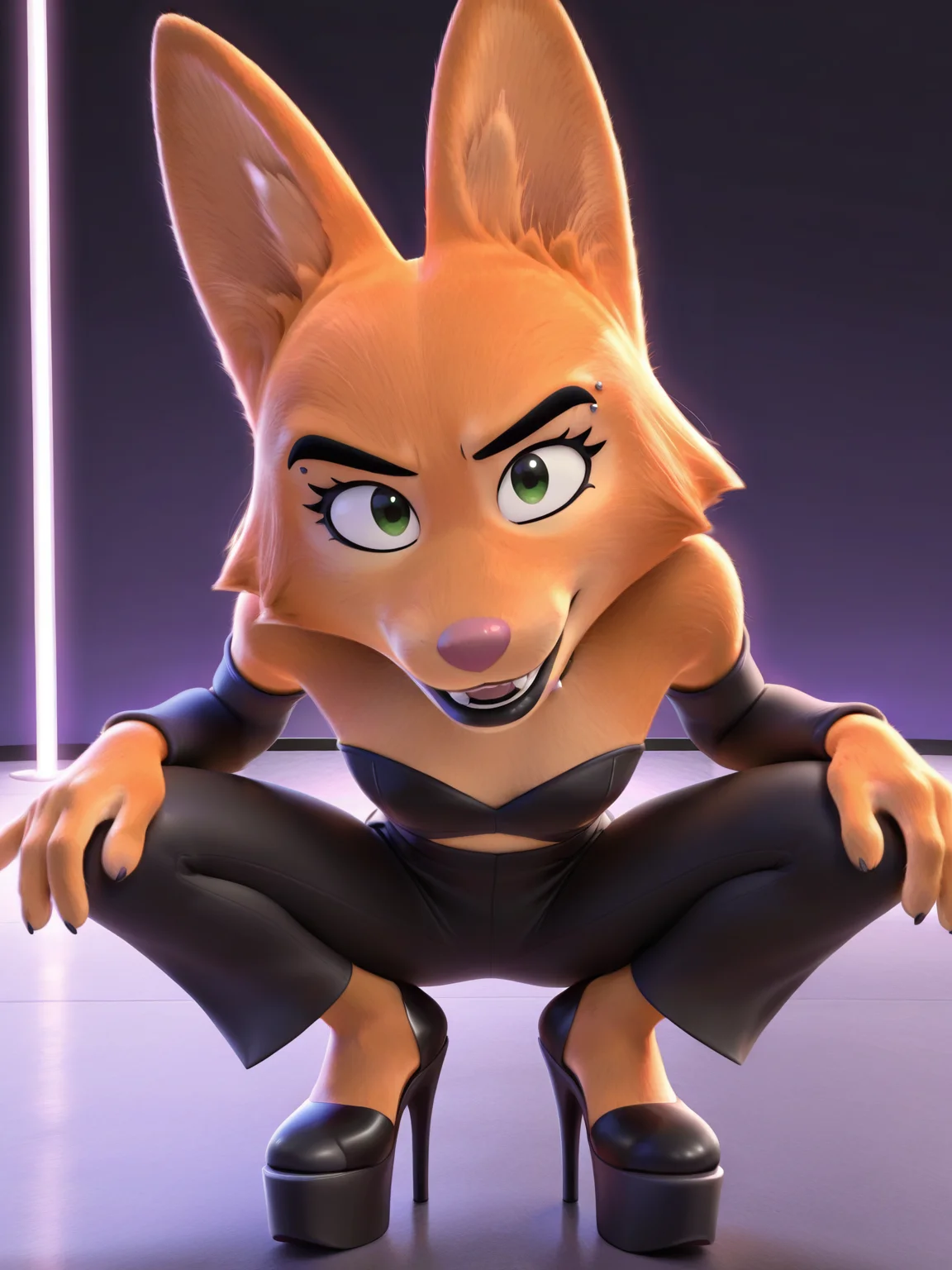 <lora:DianaIL:0.9> di_na, 1girl, fox, ginger fur, emerald eyes, pale-apricot patches around eyes, black lipstick, sharp black eyebrows, silver piercings on eyebrow, dusty-pink nose, fluffy, black eyelashes,
looking at viewer, squatting, front view, spreading legs, platform high heels