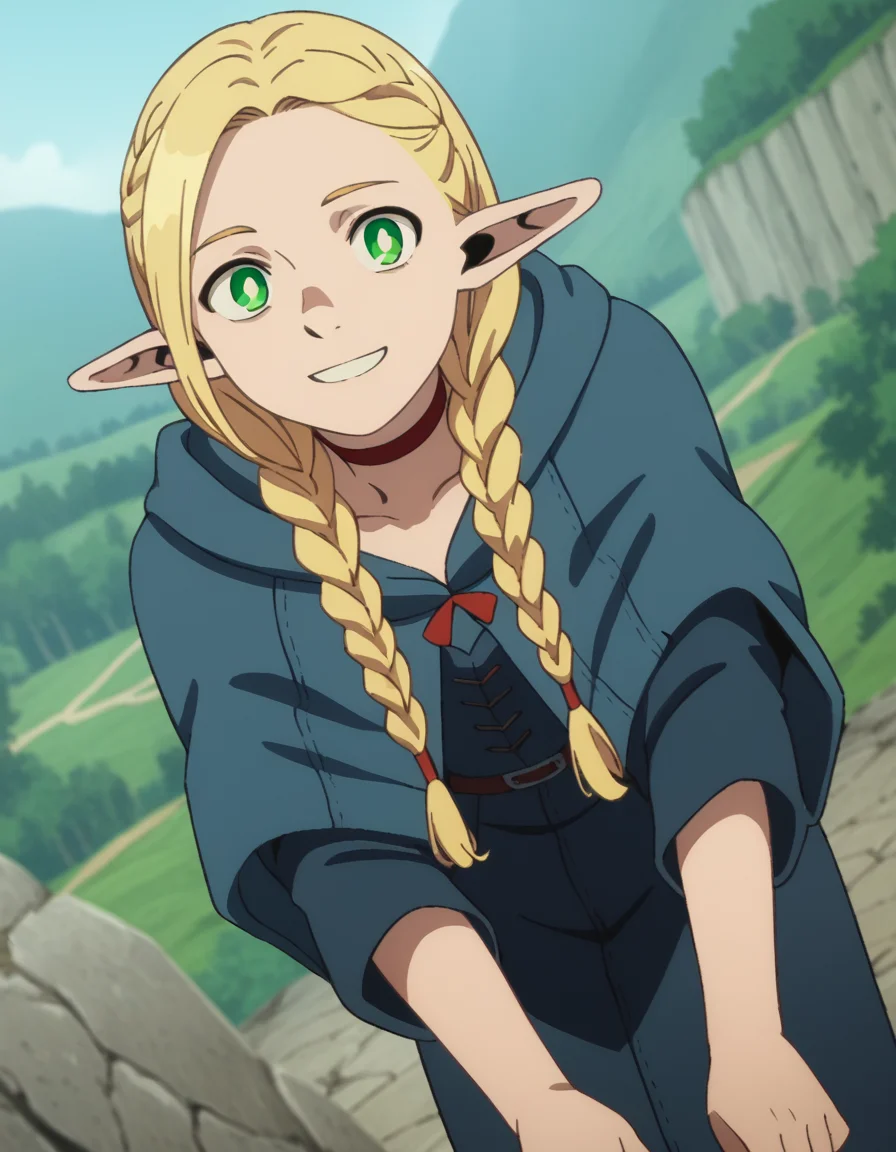 score_9, score_8_up, score_7_up, source_anime,
marcilledonato, <lora:marcille-donato-s1-ponyxl-lora-nochekaiser:1>,
marcille donato, long hair, blonde hair, green eyes, braid, pointy ears, twin braids, elf, bright pupils, parted bangs,
choker, robe, red choker,
outdoors, landscape, bent over, smile,
looking at viewer, solo, cowboy shot, dutch angle,