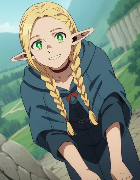 score_9, score_8_up, score_7_up, source_anime,
marcilledonato, <lora:marcille-donato-s1-ponyxl-lora-nochekaiser:1>,
marcille donato, long hair, blonde hair, green eyes, braid, pointy ears, twin braids, elf, bright pupils, parted bangs,
choker, robe, red choker,
outdoors, landscape, bent over, smile,
looking at viewer, solo, cowboy shot, dutch angle,