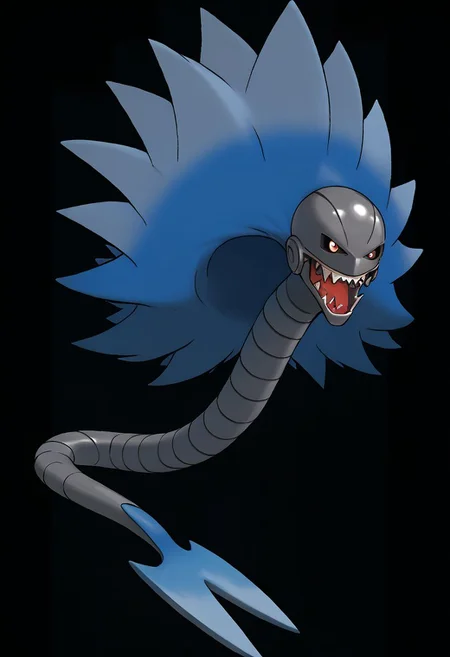 score_9, score_8_up, score_7_up,Create an image of a whimsical, cartoonish steel/ghost-type creature. It should possess a dynamic and balanced profile composition, centered with ample negative space around it for a striking visual impact. The creature should boast a sleek, metallic body with a spectral sheen, complemented by iron-gray armored plating along its back. The tail should be segmented like ancient armor, giving a suggestion of both stability and ethereal motion.
For the face, the creature should feature luminous, pale eyes that glow with an inner ghostly light, rimmed with a dark, eerie shadow to contrast its steel form. Its mouth should be a narrow slit when closed, which opens to reveal an array of translucent, razor-sharp teeth that seem to fade in and out of visibility. Small, blade-like cheek fins and a lighter, ethereal underbelly would complete its ghostly visage.
The illustration should capture the essence of both the steel and ghost types, with bold, clean lines that show the strong form of the steel type and wispy, ethereal accents that give a nod to its ghostly nature. Colors should be primarily silvery and gray tones with hints of eerie blues and purples to highlight its ghostly attributes. The overall feeling should be enigmatic and intriguing, perfect for a character in a game or a story that straddles the line between the physical and the ethereal.. zPDXL
