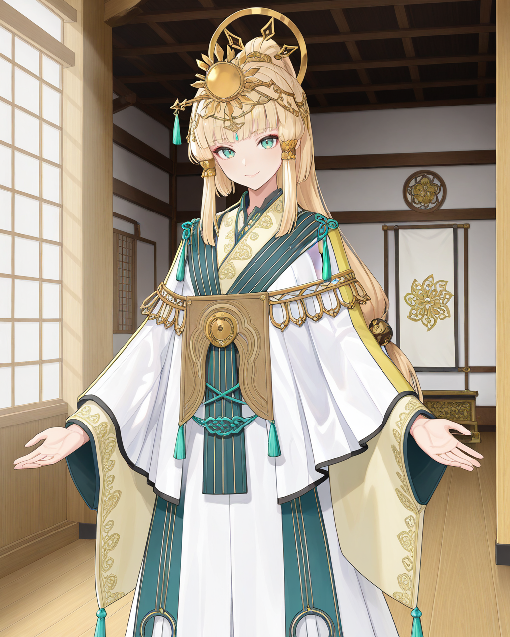 <lora:Rune_Factory:0.8>,masterpiece,best quality,absurdres,intricate details,extremely detailed illustration,very aesthetic,official art,newest,
1girl,solo,blonde hair,smile,looking at viewer,wide sleeves,green eyes,standing,bangs,
long sleeves,tassel,closed mouth,aqua eyes,hair ornament,headpiece,
low-tied long hair,decorate,high ponytail,cowboy_shot,dojo,indoor,day,luxury room,