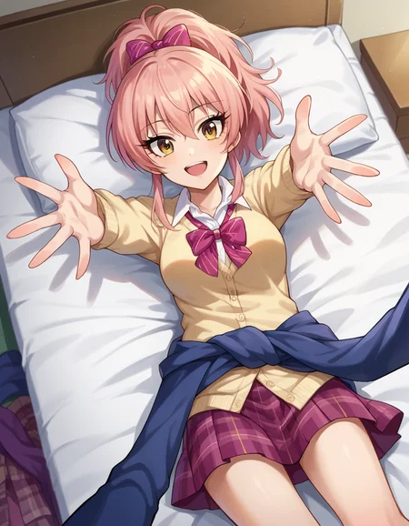 score_9, score_8_up, score_7_up, source_anime,
mikajougasaki, <lora:mika-jougasaki-ponyxl-lora-nochekaiser:1>
mika jougasaki, hair bow, long hair, pink hair, yellow eyes, ponytail, smile,
bow, clothes around waist, plaid, plaid skirt, school uniform, skirt, sweater, sweater around waist,
indoors, bed, bed room, on back, arm support, arms up, incoming hug, pov, reaching, reaching towards viewer,
looking at viewer, dutch angle, cowboy shot,