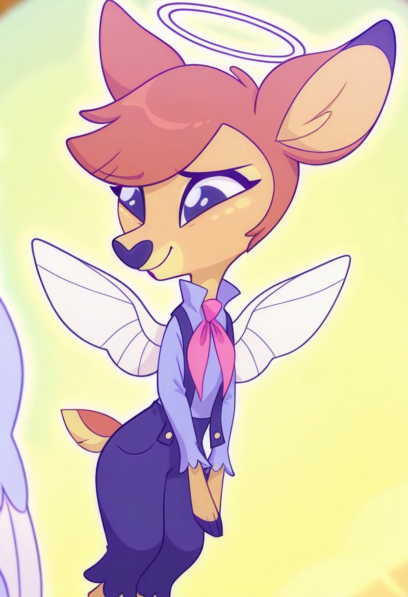 deerie, anthropomorphic fawn, light brown fur with lemon accents, brown hair, animal ears, angle, halo, wings, dark blue overalls over a brighter colored, long-sleeved shirt with a pink bow hanging from the collar