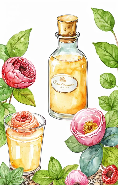 masterpiece,best quality,<lora:tbh32-sdxl:0.9>,illustration, A bottle of perfume in garden