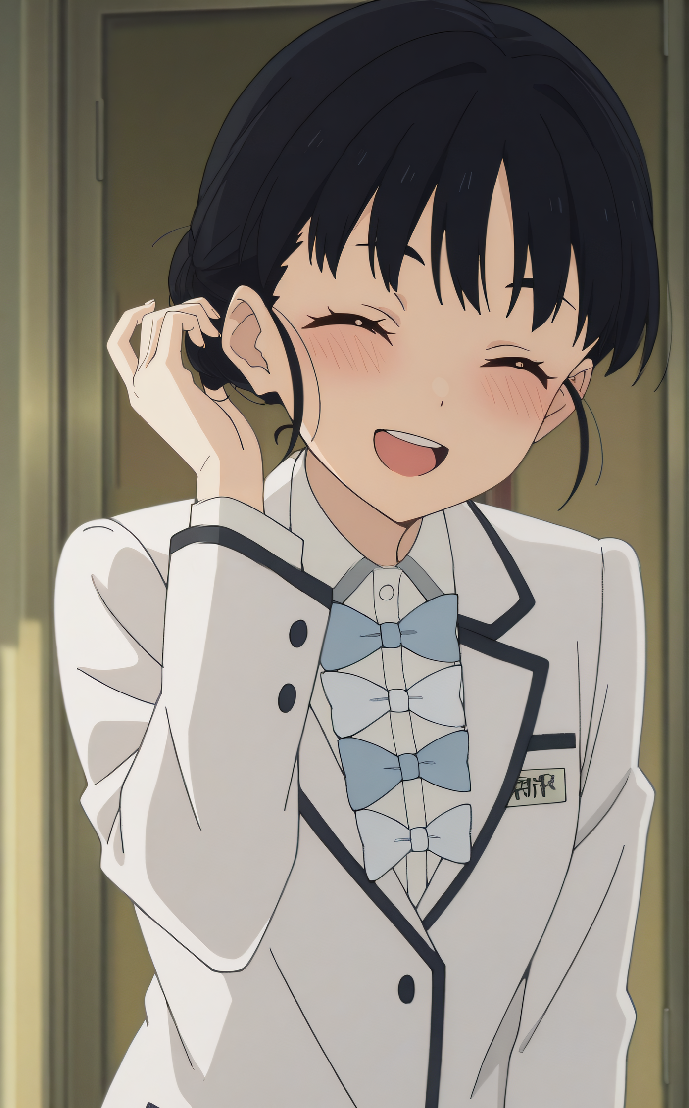 masterpiece, best quality, highres, newest, 1girl, solo, official style, anime screencap, <lora:Basori_Tiara:1>, basori, school uniform, white blazer, name tag, smile, indoor, upper body, open mouth, blush, hand on hair, upper teeth, closed eyes, one hand up, five fingers