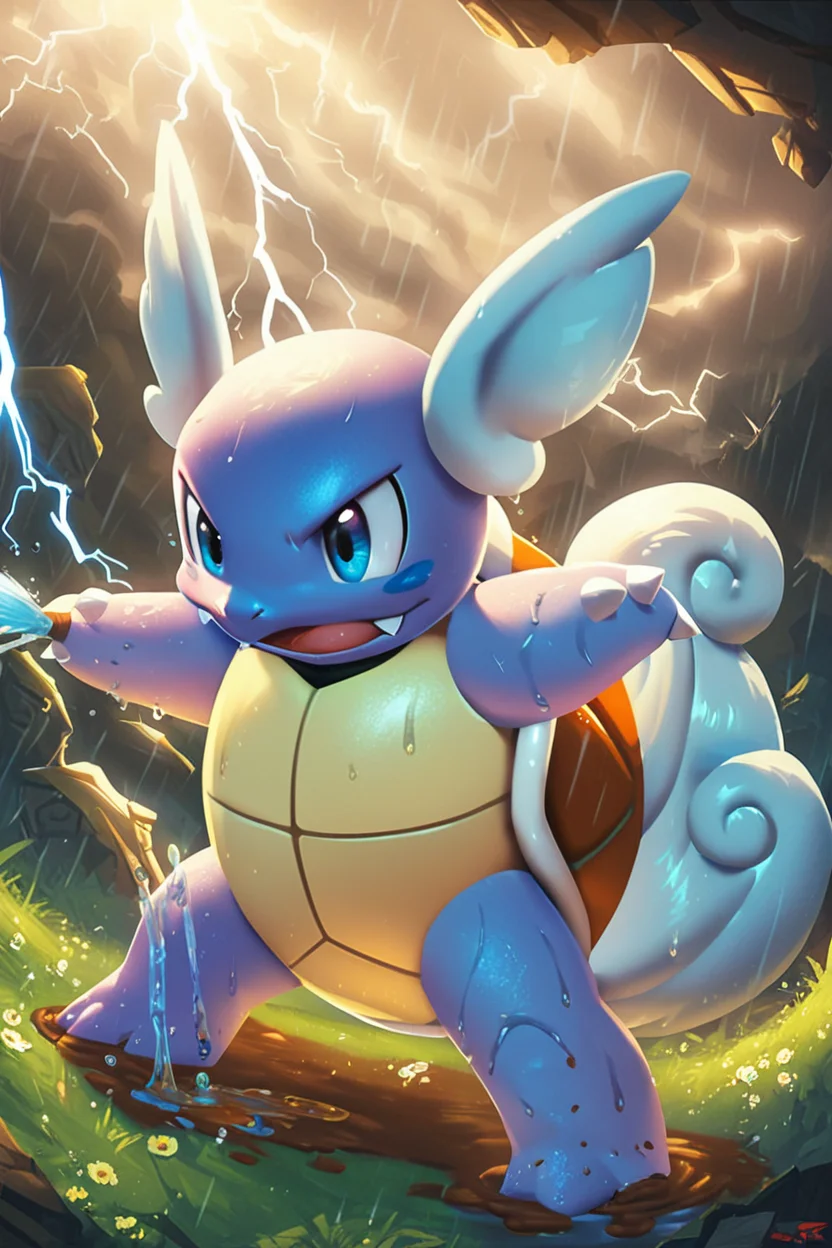 score_9, score_8_up, score_8, <lora:WartortlePokedexPDXL:1.0>, zzWartortle, no humans, defiant expression, leaping toward an opponent, rain pouring, lightning illuminating the scene, muddy battlefield, detailed water effects, dramatic lighting, tension-filled atmosphere ,embedding:zPDXL, <lora:SDXLFaeTastic2400:0.5>,