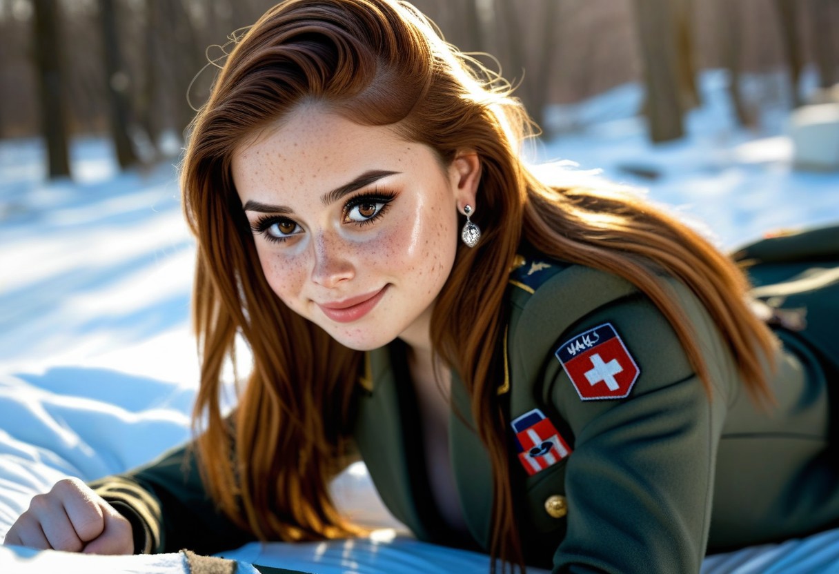40% desaturated colours, realistic photo, photorealistic, 24yo busty M4L4K posing outdoor, various long hairstyles, freckles, perfect proportions, (big breasts), deep cleavage, wear uniform, winter season environment, (8k) (HDR)
