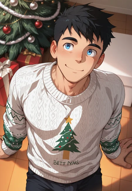 masterpiece, best quality, amazing quality, betm, solo, 1boy, bara, male focus, black hair, blue eyes, white christmas sweater, christmas tree, lay back, facing viewer, on ground, present, smile, from above, upper body shot