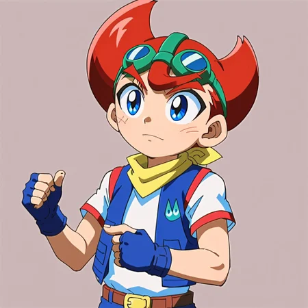 masterpiece, highest quality, 1boy, yamato delgado, solo, googles, red hair, blue eyes, white shirt, blue vest, fingerless gloves