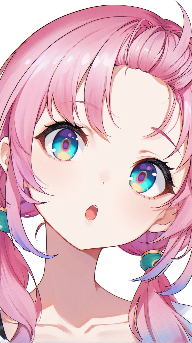 1girl, solo, long_hair, looking_at_viewer, open_mouth, bangs, blue_eyes, simple_background, shirt, white_background, twintails, collarbone, upper_body, pink_hair, virtual_youtuber, :o, low_twintails, portrait, multicolored_eyes, gradient_eyes, yellow_pupils