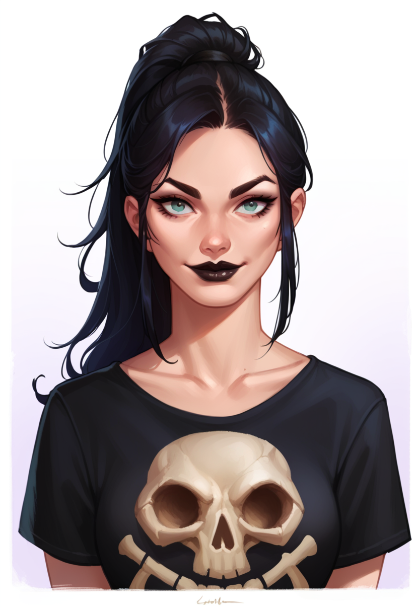 score_9, score_8_up, score_7_up, score_6_up, 1girl, solo, black lipstick, long hair, black hair, ponytail, black shirt, skull print, black fingerless gloves, upper body, front view, smiling,
black backround, white background, gradient background,
<lora:Krys_Decker_-_Artist_style:1> ss-krd_o