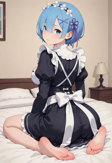 Ren \( Re:Zero\), blue hair, blue eyes, medium breasts, hair ornament, maid outfit, Indoor, bedroom, sitting on bed, sitting on feet, backview, looking back,
masterpiece, best quality, good quality, very aesthetic, absurdres, newest, 8K, 
in the style of cksc, in the style of cknc, artist:moriimee, in the style of ck-rw
