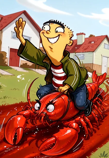 Masterpiece, newest, absurdres, 1boy, edboi, mnbrow, smiling, white sclera, black eyes, green jacket, red and white striped shirt, unibrow, blue jeans, black shoes, , riding lobster, bridle, motion lines, speeding,  houses in background, detailed background, lobster running fast,