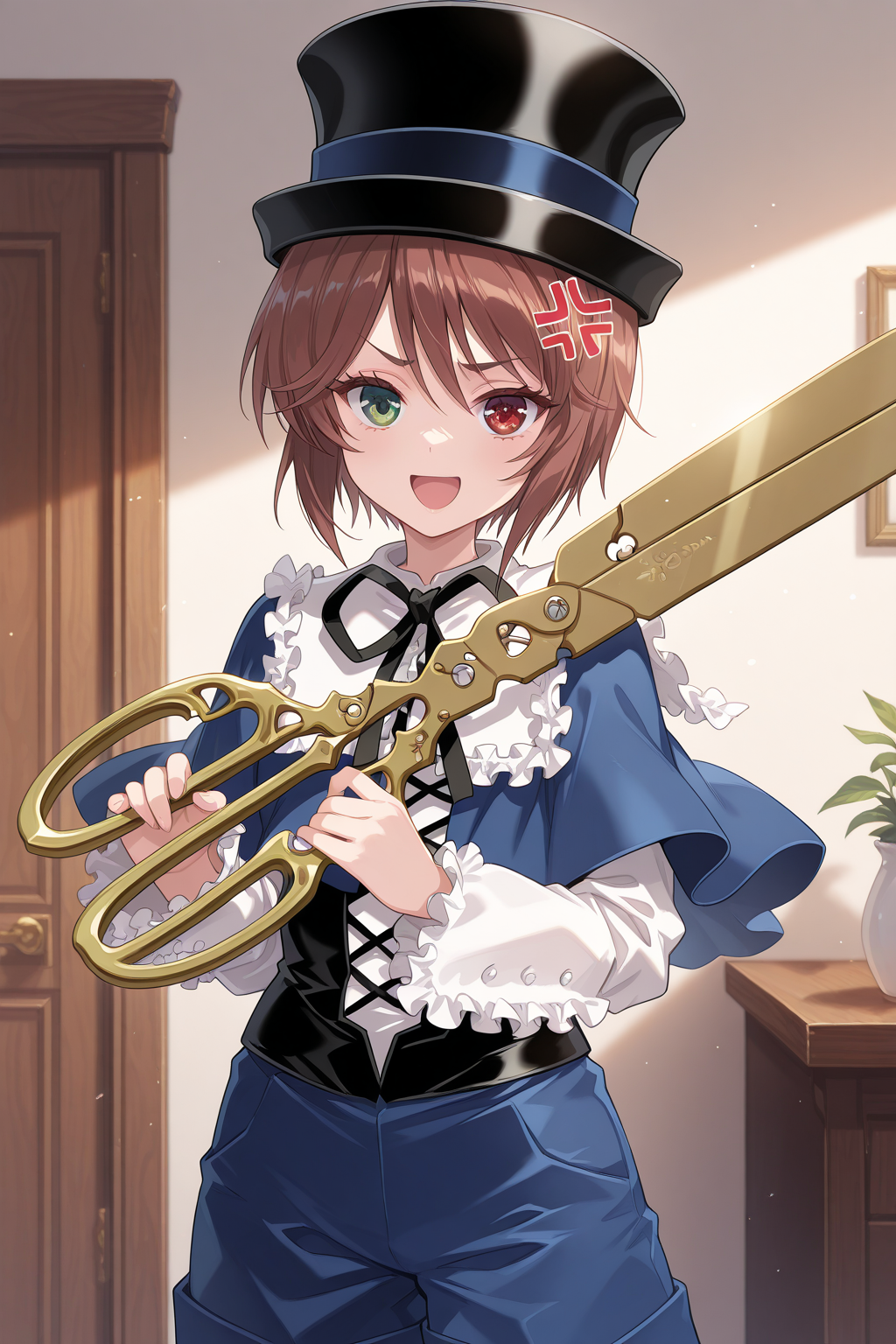 1girl, SouseisekiRozenMaiden, 
general, solo, upper body,
eyelashes, anger vein,
top hat, kodona,
frilled shirt collar, neck ribbon, blue capelet,
white shirt, long sleeves,
black corset,
blue shorts, white pantyhose, 
standing,
holding, oversized object, scissors, two-handed, looking at viewer, ^_^, troubled eyebrows, open mouth, 
indoors,
<lora:kp_SouseisekiRozenMaidenIllustrious_v1_0:1.0>,
masterpiece, best quality, amazing quality