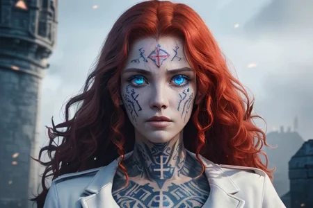 bright red hair, human female, (feminine:1.7), (beautiful face, detailed face:1.6), (beautiful eyes, detailed eyes:1.7), (looking at viewer, eye contact, intense:1.6), (long hair, red hair, curly hair:1.3), , ((masterpiece, best quality, high resolution, realistic, best quality,)), photo realistic, Perfect Face, (detailed face). <lora:GoodHands-vanilla:0.6> <lora:add-detail-xl:0.8>, mage, (Dress White military uniform coat), dagger, rune dagger, glowing runes, , (((glowing magic symbols tattoos, religious tattoos))), ((face tattoos)), glowing tattoos, stone tower in the background
