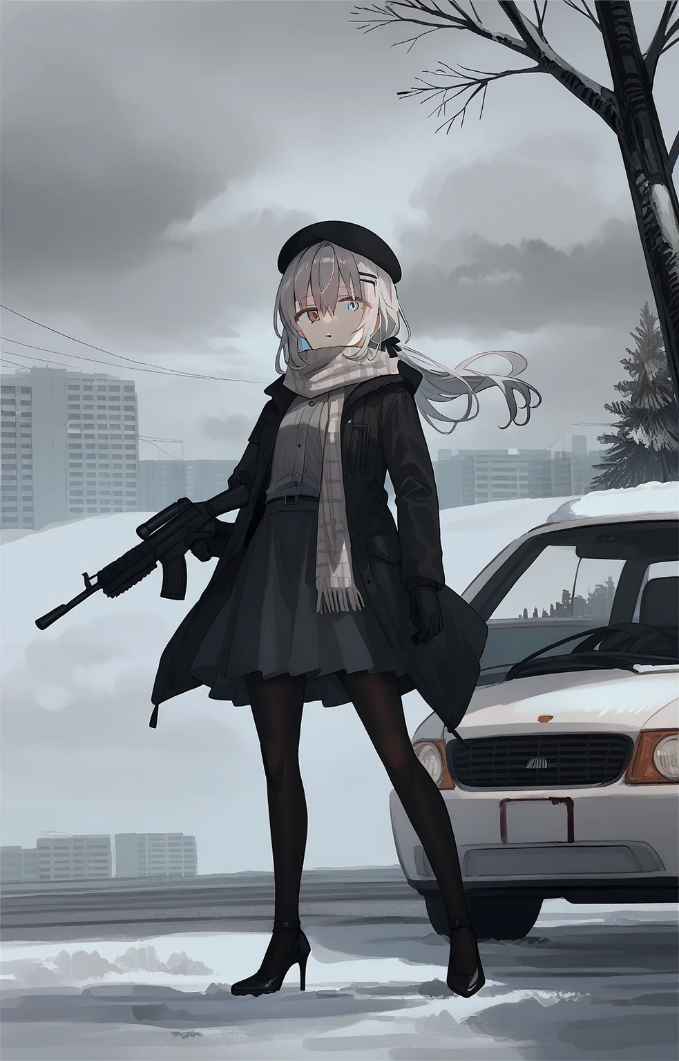 score_9, score_8_up, <lora:chihuri_style_1024x1600_basePony_v1:1> chihuri, 1girl, solo, long hair, looking at viewer, blue eyes, shirt, skirt, long sleeves, gloves, hat, holding, hair between eyes, closed mouth, standing, jacket, grey hair, weapon, pantyhose, outdoors, open clothes, sky, black gloves, collared shirt, day, cloud, black skirt, black footwear, holding weapon, scarf, open jacket, black jacket, high heels, black pantyhose, tree, grey eyes, gun, black headwear, dress shirt, blood, heterochromia, beret, cloudy sky, holding gun, grey shirt, motor vehicle, snow, car, submachine gun, shovel, overcast