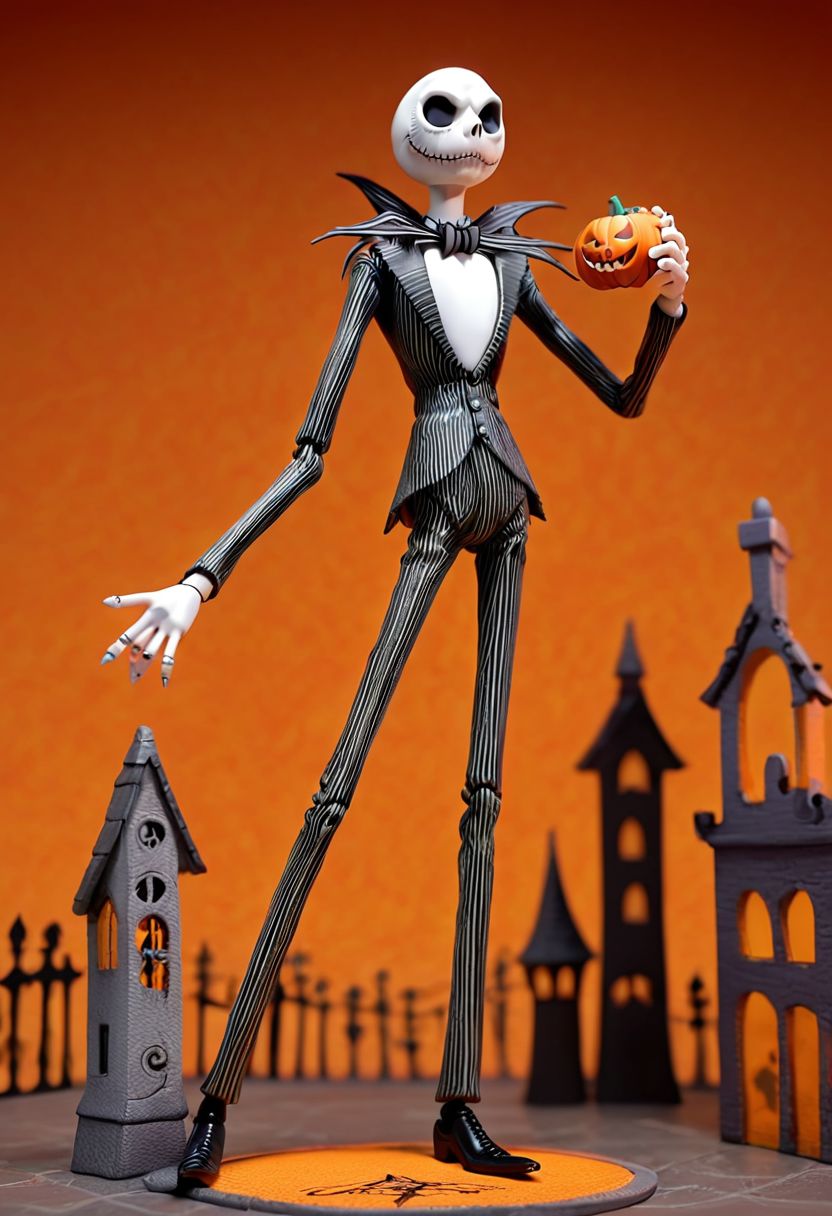 (OverallDetail:1.4)(Articulated:1.6), realism, (1figure articulated of Jack Skellington in nightmare Before Christmas
:1.7), (in gotic city style films Tim Burton background:1.0),    toy, cute, epic world, vivid colors, detailed,BRAKE
accesories:Halloween pumpkin, ghosts, Christmas tree, graves ,diferent heads expresions Jack Skellington,big carrot BRAKE 
(Body and Face of Jack Skellington:1.5), detailed face, hiperrealistic, 8k,35mm, realistic, detailed background
