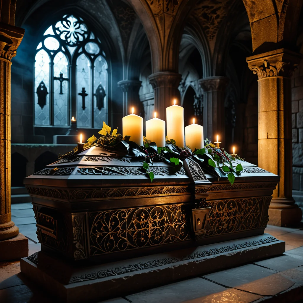 horror-themed A dramatic and atmospheric photograph of the interior of an ancient crypt, dimly lit by flickering candlelight. The crypt features old, cracked stone walls covered in moss and ivy, with intricate carvings and Gothic details etched into the stone. At the center of the crypt lies an ornate vampire coffin, made of dark, polished wood with silver and gold inlays, adorned with ancient symbols and intricate Gothic patterns. The coffin is slightly ajar, revealing a glimpse of red velvet lining. Surrounding the coffin are scattered bones, dusty cobwebs, and antique candelabras with melting candles, casting eerie shadows across the crypt. The mood is dark, mysterious, and hauntingly beautiful, with subtle rays of pale moonlight filtering through a small, broken stained-glass window.
<lora:SDXLFaeTastic2400:0.4> <lora:extremely_detailed:0.4> extremely detailed,, eerie, unsettling, dark, spooky, suspenseful, grim, highly detailed, Masterpiece,best quality,hi res,8k,hi res,8k,award winning,(sharp focus, intricate, highly detailed),