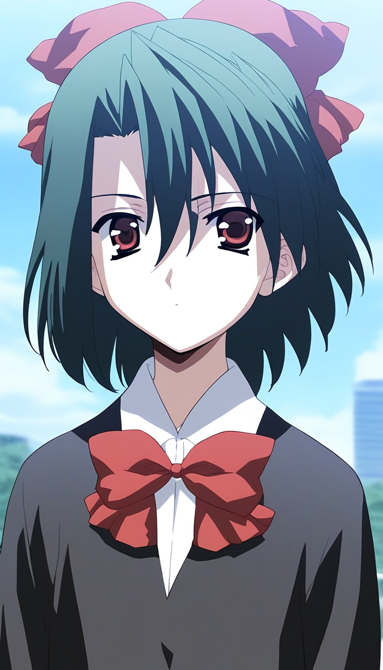 score_9, score_8_up, score_7_up, source_anime, rating_explicit, BREAK  <lora:Kiyoura_Setsuna_XL:1> Kiyoura_Setsuna, black hair,  green hair, short hair, red eyes, red bow, hair ribbon, flat chest,hair between eyes, bangs,
 1girl, solo, school uniform, bow,  looking at viewer, upper body, expressionless,  long sleeves, bowtie,
outdoor, sky,