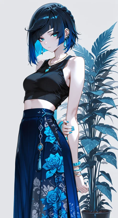 masterpiece, best quality, good quality, very awa, newest, highres, absurdres, yelan \(genshin impact\), 1girl, solo, breasts, looking at viewer, short hair, blue eyes, simple background, shirt, skirt, black hair, closed mouth, jewelry, bare shoulders, blue hair, collarbone, multicolored hair, earrings, sleeveless, midriff, grey background, necklace, nail polish, two-tone hair, bracelet, crop top, black shirt, blue skirt, sleeveless shirt, piercing, floral print, bob cut, arms behind back, plant, ear piercing, colored inner hair, blue nails, long skirt, bangle, print skirt, limited palette, h4ra_illu <lora:illustriousXL_stabilizer_v1.23:0.3> <lora:NOOB_vp1_detailer_by_volnovik_v1:0.3> <lora:ponyv6_noobE11_2_adamW-000017:0.3> <lora:114558v4df2fsdf5:0.6> <lora:XXX667:0.4> <lora:-_iLL_-_the_edgy_mech_V2.0-:0.8>