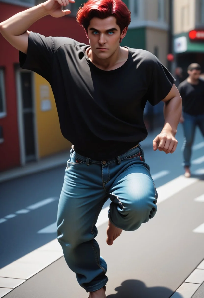 score_9, score_8_up, score_7_up, D4NC3RS, A man in a shirt and pants , male focus, red hair, blue eyes, black shirt, baggy jeans, from above, street, outdoors, spinning, detailed face, casual dancing, hip hop dancing, BREAK retro photography, dancing, studio photography, detailed Nikon X3460, cinematic angle, cinematic lighting,