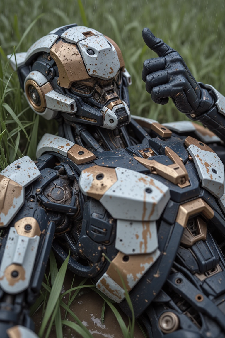 A dark, futuristic armored cyborg lying peacefully in a lush, muddy grassy field during heavy rain. The detailed, intricate white-blue and metallic gold armor is partially smeared with wet mud and overgrown with grass, blending the cyborg into the landscape. Water droplets cling to the armor’s surface, with dirt patches covering parts of the limbs and chest. The cyborg’s helmet conceals its face, adding an air of mystery. Its right hand is lifted slightly toward the camera, making a thumbs-up (👍) gesture, as if offering a small, ironic sign of hope or acknowledgment amidst abandonment. The posture is relaxed, body half-buried by mud and grass, suggesting long exposure to the elements. Heavy rain falls under a cloudy sky, creating soft, diffused lighting that enhances the scene’s melancholic mood. The perspective is low and close, focusing on the cyborg’s upper body and hand gesture, with the background softly blurred. The overall palette is muted — dark greens, browns, grays, and metallic highlights. Cinematic, highly realistic style, emphasizing texture, emotional depth, and storytelling
