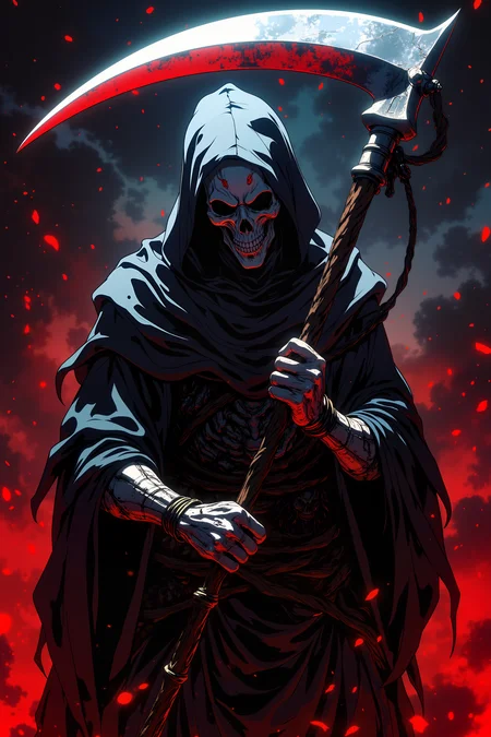 A hyper-realistic portrait, photorealistic photo a death incarnate reaping souls of the damned with a silver scythe (photography, high-resolution, dynamic, energetic,hyper-realistic, dramatic lighting, shallow depth of field.)<lora:RetroAnimeFluxV1:0.5><lora:NeonFantasyFLUX:0.3>