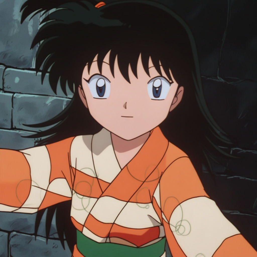 score_9, solo, rin_inuyasha, black hair, long hair, side ponytail, kimono, selfie, stone wall, natural lighting