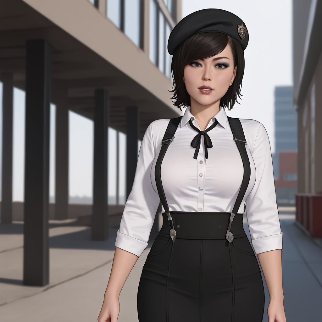<lora:yuriwatanabespidermanps4_pony_v1:.8> YuriWatanabePS4, 1girl, solo, large breasts, , black hair, short hair, lips, cowboy shot,, lipstick,eyeshadow, cowboy shot <lora:0902 Home wear 5_v1_pony:1> ruanyi0902,beret,black ribbon,collared shirt,black pantyhose,high-waist skirt,white shirt,suspenders