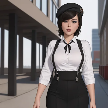 <lora:yuriwatanabespidermanps4_pony_v1:.8> YuriWatanabePS4, 1girl, solo, large breasts, , black hair, short hair, lips, cowboy shot,, lipstick,eyeshadow, cowboy shot <lora:0902 Home wear 5_v1_pony:1> ruanyi0902,beret,black ribbon,collared shirt,black pantyhose,high-waist skirt,white shirt,suspenders