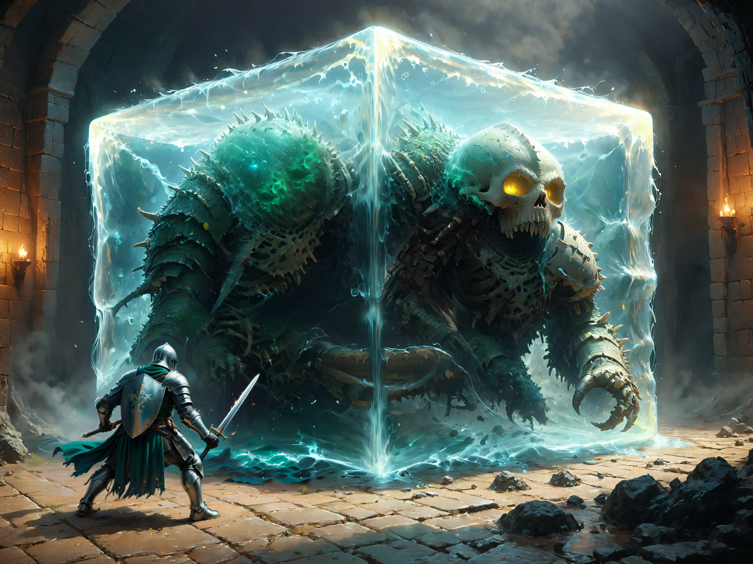 <lora:add-detail-xl:1.0> <lora:more_artful-xl:0.6> <lora:gelatinous_cube-xl-by_squeej:0.8> <lora:boss_battle-xl-by_hailoknight:0.8> <lora:style-matte_black_contrast-xl-v3-by_tijuanaslumlord:1.0> <lora:envybetterhiresfixxl01-xl:0.0:hr=1.0> vntblk, bosstyle, (knight:0.8) fighting a (huge glowing gelatinouscube:1.2), size difference, dungeon background, bones scattered on the floor, translucent, subsurface scattering, creeping fog, dark, ultra detailed