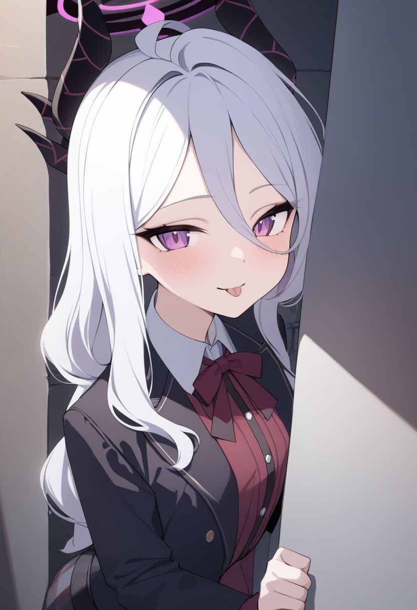 (masterpiece),(best quality),(ultra-detailed),(best illustration),(best shadow),(absurdres),(detailed background),(very aesthetic), 1girl, solo, Hina_(Blue_Archive), white hair, purple eyes, long hair, cabaret outfit, seductive smile, tongue out, leaning on a wall, alley background, red-light district, upper body,