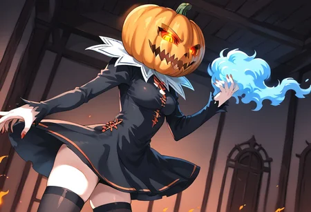 (masterpiece), (score_9, score_8_up, score_7_up,source_anime), 4K8K,
(from side), misty, steam, fog, Floating Halloween pumpkins,
halloween, halloween fantasy, (jakkRo),
(pumpkinhead woman, Pumpkinhead:1.3), (solo), (Glossy skin, pale skin:1.3), (hugging myself), blue flame, burning pumpkin, (dark aura:1.4), (smirk, half-opened mouth, Canine, tooth, fang1.2),
(medium figure:0.9), (pointy breasts:1.1),
(glowing eyes),
(wearing vampire cos, dress, makeup, red and black dress, Miniature Hats, zettai ryouiki, thighhighs:1.2),
(emperor's audience room, dark room:1.3), elf ears,