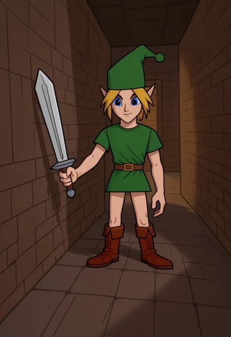 Solo, one character, MajorLink, male, majorlink, blond hair, long pointy ears, blue eyes, green tunic, brown belt, a floppy hat, brown boots, smile, holding with left hand sword, stone corridor, four fingers,
