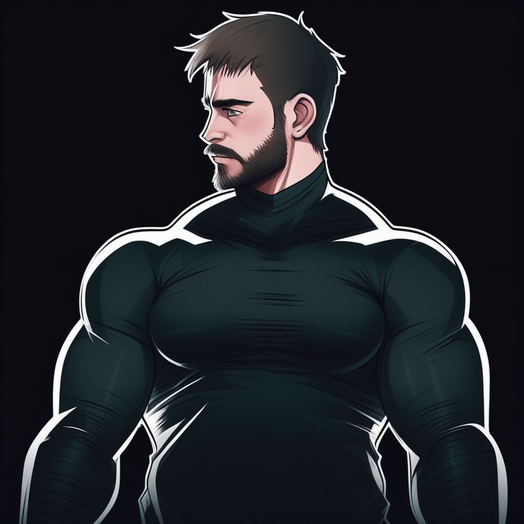 taut shirt, profile, pectorals, chest hair, 1boy, muscular male, facial hair, black background, male focus