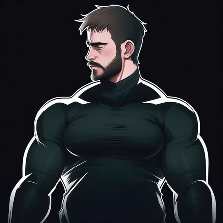 taut shirt, profile, pectorals, chest hair, 1boy, muscular male, facial hair, black background, male focus