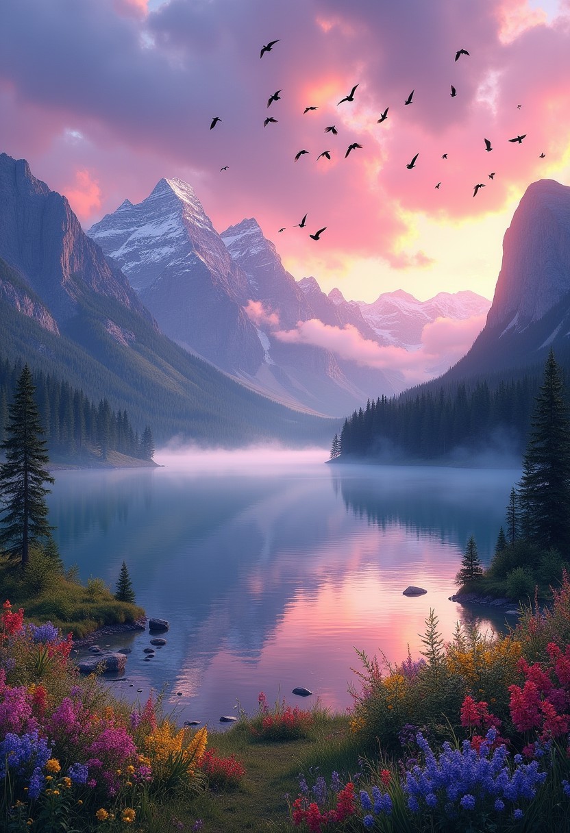Imagine a world where all people live in harmony and peace, where everyone has access to Create an awe-inspiring, idyllic landscape at the break of dawn. The sky is a canvas of vibrant colors—deep purples transitioning to pinks and golds as the sun begins to rise. A pristine, mirror-like lake perfectly reflects the imposing snow-capped mountains and the dense, emerald forest that encircles it. Wildflowers in riotous bloom add vivid splashes of red, yellow, and blue across the flowering meadows. A flock of birds takes flight across the brilliant sky, while a gentle, ethereal mist rises from the tranquil water, enveloping the scene in a mystical, serene aura. The overall atmosphere is one of profound peace, beauty, and connection with nature., healthcare, and opportunities to fulfill their dreams. A world where kindness, compassion, and mutual respect form the foundation of daily life. Each person is valued and celebrated for their uniqueness, and collaboration between people leads to extraordinary achievements and advancements for all of humanity.